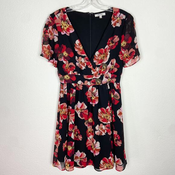 Madewell Tulip Sleeve Mini Dress Size 2 French Rose Floral Black Pink Red V Neck - Picture 2 of 13